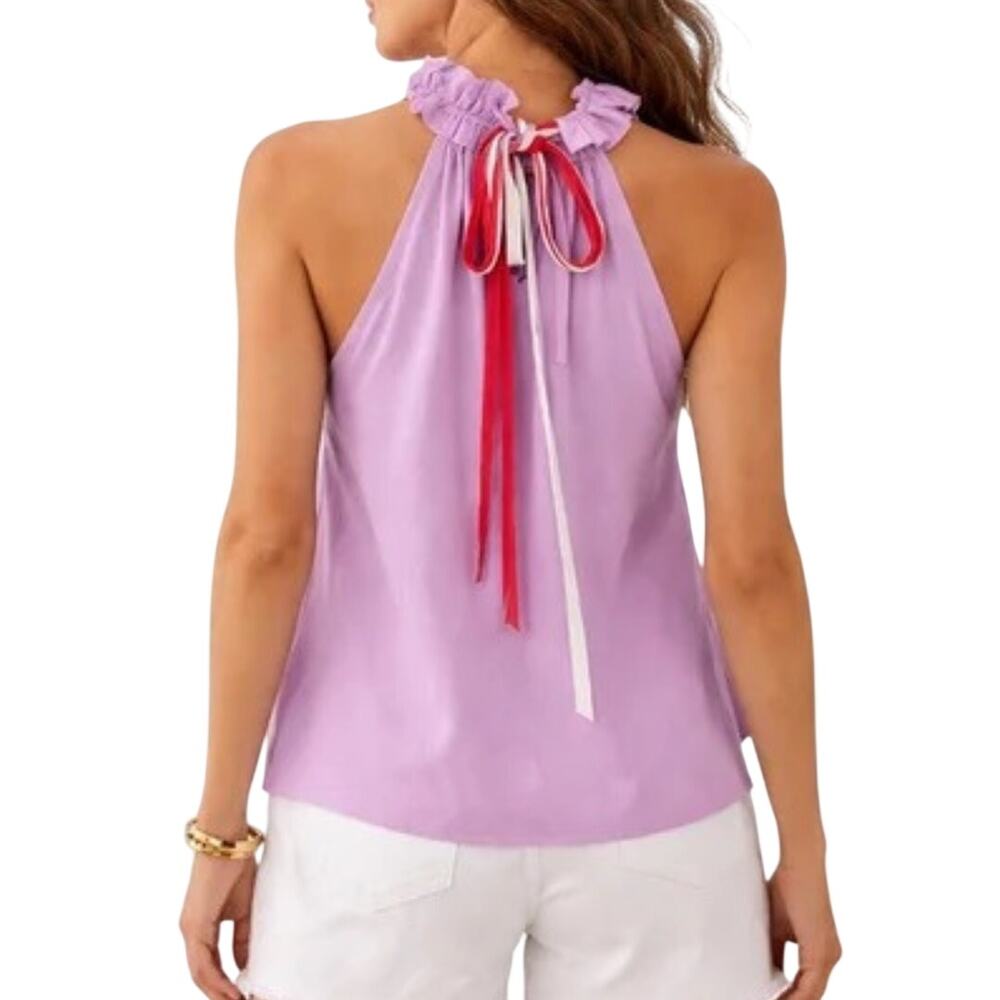 Trina Turk Moonbow Lavender Ruffle Neck Sleeveless Ribbon Back Tie Cotton Top